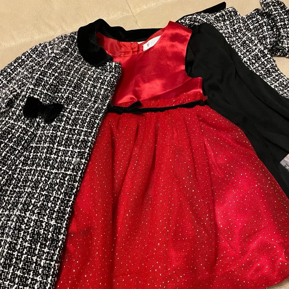 Nannette 2pc. Baby Girl Black & White Coat / Red Dress & Black Shoes - Picture 9 of 15